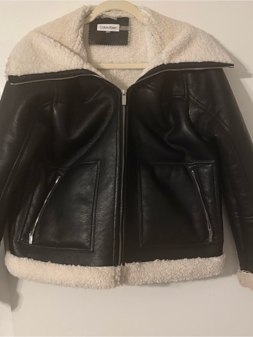 Calvin Klein Black Faux Leather Jacket with Cream Shearling Trim